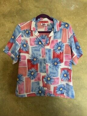 Vintage 90s Alia Abstract Daisy Print Button Down Short Sleeve Blouse M L